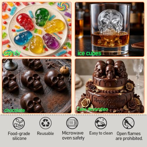 2 Pack 3D Skull Silicone Molds Halloween Silicone Molds, Reusable Non-Stick Skull Chocolate Baking Molds for Cake, Candy, Ice Cube, Resin, Halloween Party Decorations（Black/Gray）