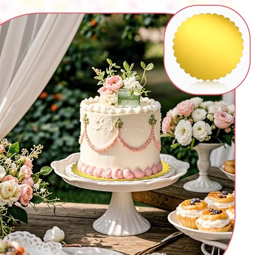 SynHHergyx 50 Pack 10 Inch Gold Cake Boards Round Disposable Cake Circle Base Board Valentine's Day Cake Cardboard Rounds Scallop Edge Grease Proof Coated Plate for Wedding Christmas Birthday