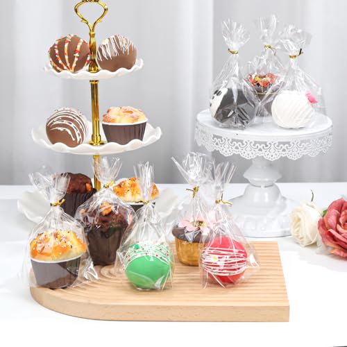 200 Pack 5"×2"x6.5" Cellophane Muffin Bags with Gold Twist Ties Flat Bottom - size: 5"×2"x6.5"