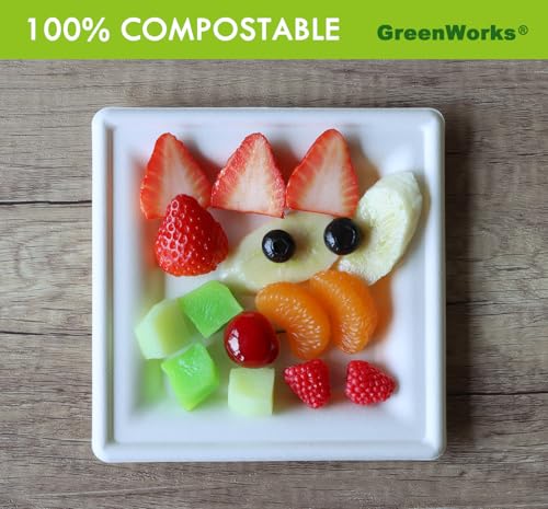 GreenWorks 100 Count 6 Inch Small Square Compostable plates, Heavy Duty Bagasse and Bamboo Fiber Plates - size: 6 Inch