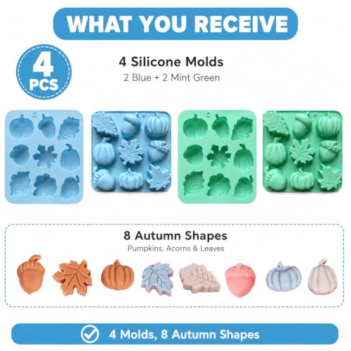 4 Pcs Autumn Silicone Molds Pumpkin Acorn Maple Leaf Fondant Baking Tray - color: blue green