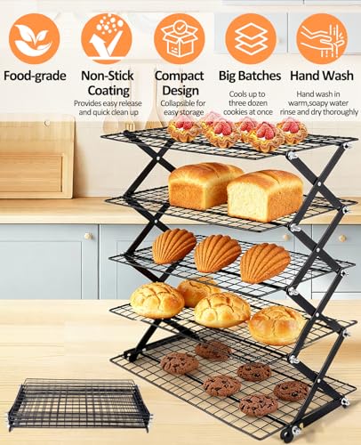 5 Tier Collapsible Cooling Rack, 2/3/4/5-Tier Upgraded,Adjustable ＆ Stackable Baking Rack, 5 Modes Cooling Racks for Cooking and Baking, Roasting ＆ Grilling Gifts for Picnic Party - color: Black