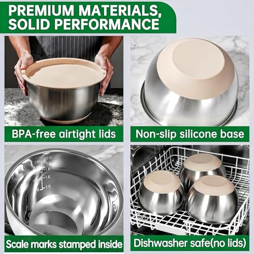 Deedro Mixing Bowls with Airtight Lids, Stainless Steel Mixing Bowls Set - color: Khaki