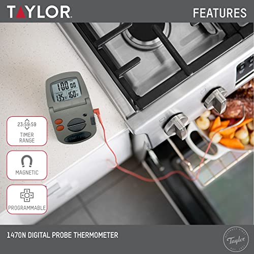 Taylor Precision Products Programmable with Timer Instant Read Wired Probe Digital, Meat, Food, Grill BBQ Cooking Kitchen Thermometer with Timer, Gray