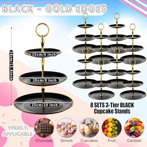 Teenyyou 8 Pack 3 Tier Plastic Cupcake Stand Bulk, Black, Round - color: Black, style: Round