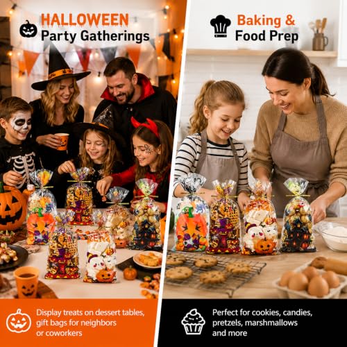 NPLUX Halloween Cellophane Treat Bags, 100 Pack, 4 Designs, 4.8 x 10.6 in - color: Halloween Designs-4.8×10.6 Inch-100