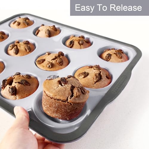 Aichoof 12 Cup Silicone Muffin Pan, Non-Stick Baking Mold w/Steel Frame - size: 12 Cup Muffin Pan(Grey, 1-PCS)