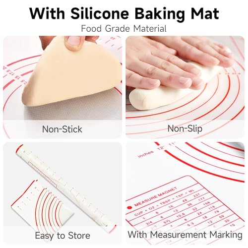 Vakoo Rolling Pin and Silicone Baking Mat Set - color: Silver+Red