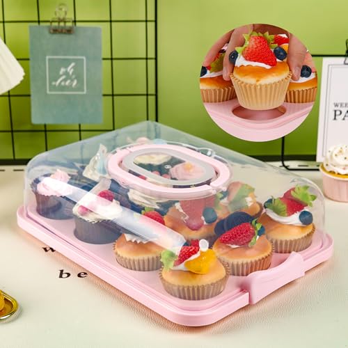 Pink Cupcake Carrier Cupcake Holder with Lid, Cake Container - color: Pink