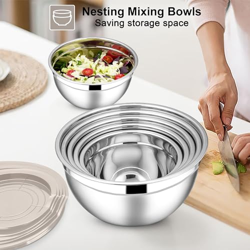 E-far Stainless Steel Mixing Bowls, 7PCS Mixing Bowls with Airtight Lids - color: Khaki, size: 7 Regular Sizes