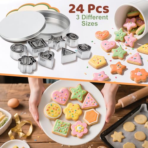 ofone Small Cookie Cutters Geometric Shapes Set, 24 Mini Fondant Cutter - Star Heart Flower Square Triangle Oval Circle Hexagon, Tiny Stainless Steel Biscuit Molds for Baking Dough Pastry Clay Fruit - color: Hexagon Geometric Shapes Cutters