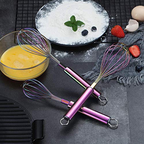 Berglander Rainbow Whisk Pack of 3 Stainless Steel 8",10",12", Titianium Plating Colorful Whisk for Cooking, Beater,Wire Whisk Set Kitchen Wisk (Rainbow) - color: 7. Rainbow