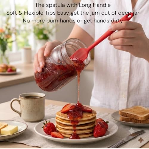 2-pack Jar Spatula Long Handle Silicone Kitchen Scraper Spatula Non-Stick Rubber Scraper for Jars, Cooking Baking Stirring Mixing (Red)