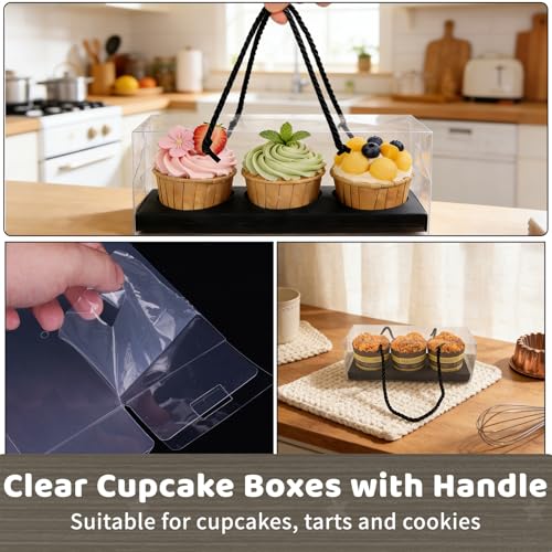 20Pcs Clear Cupcake Boxes with Handle, Cupcake Carrier for Party - color: Black