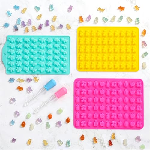 Gummy Candy Molds with 2pcs Droppers, Silicone Bear Dinosaur Fruit Snack Molds, Non-stick Silicone Chocolate Molds for Gummies Candy Chocolate Baking - color: A-Fruit+Bear+Dinosaur:3 Pcs, size: Gummy Molds