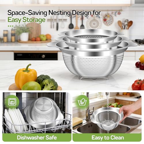QCQHDU Stainless Steel Colander for Kitchen Pasta Rice Strainer for Spaghetti Fruit Vegetables Cooking Food, 3 Quarts Metal Mesh Stainless Steel Strainers and Colanders, Dishwasher Safe, 1 Pack