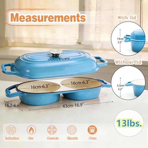 DIY Double Dutch Oven for Sourdough Bread Baking – Enamel Cast Iron Bread Baker with Lid, Bake Two Different Loaves at Once, 500°F Oven Safe, Includes 2×7" Banneton Proofing Baskets - color: Blue