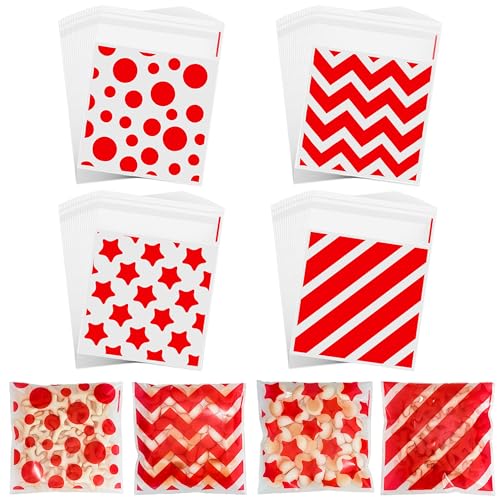 ZYLOP Self Sealing Red Cookie Bags - 200Pcs 4x4 Inch Red Striped Cellophane Treat Bags, Small Clear Plastic Candy Bag for Bakery, Carnival Party Favors, Wedding Sweets & Small Business Packaging - color: Red 200pcs