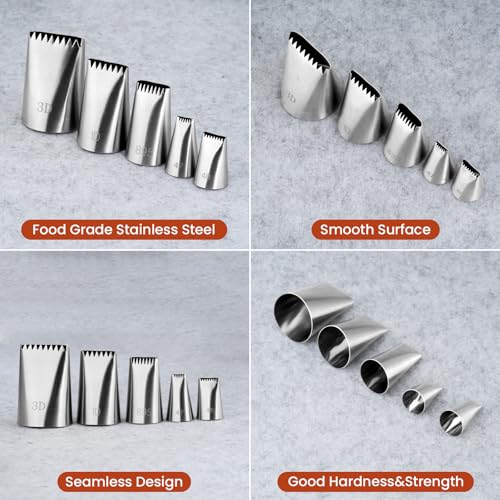 Kasmoire 5Pcs Basketweave Piping Tip Set,Stainless Steel Half Row Braided Flower Mouth Nozzles with 10Pcs Disposable Piping Bags,Braided Decorating Tube Nozzle Tips Set