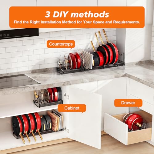 Expandable Pot Pan Lid Organizers inside Cabinet, 13 Dividers - color: Black
