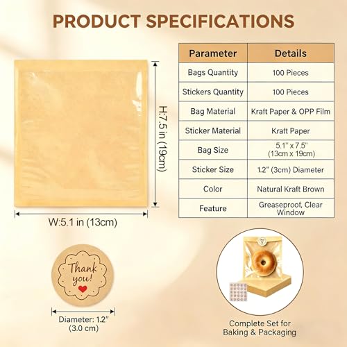 100Pcs Brown Paper Cookie Bags with Stickers & Window 5x7.5 inch - size: 13X19CM