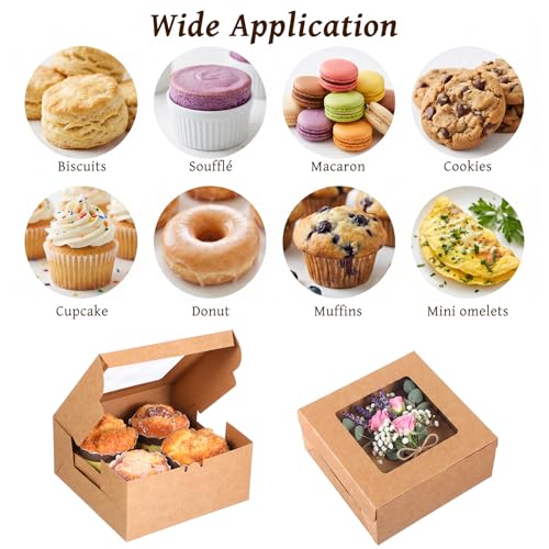50 PCS Window Cupcake Boxes 4 Count, 6.3x6.3x3 Inch Muffin Boxes with Clear PET Lid & Paperboard, Disposable Bakery Containers for Pastries Cookies Desserts