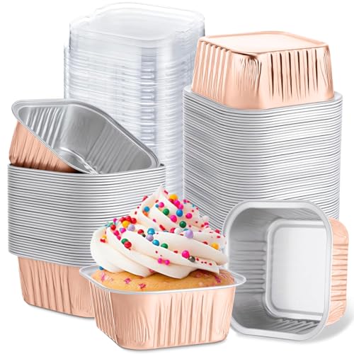 Skylety 100 Pcs 5oz Mini Square Cake Pans with Lids, Champagne - color: Champagne