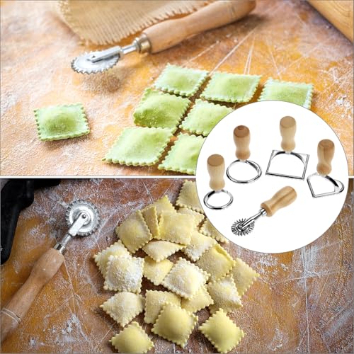 QWORK Ravioli Stamp Maker Cutter with Roller Wheel Set – Wood Handle, Sturdy Aluminum Frame, Precise Fluted Edges – Perfect for Ravioli, Pasta, Cookies