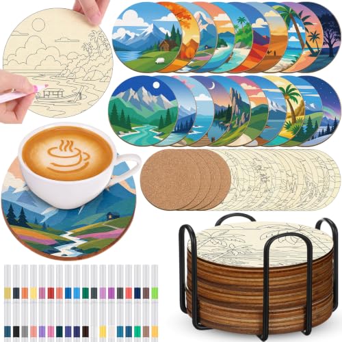 Reallnaive 77 Pcs Wooden Coasters Paint Kit, Scenery - style: Scenery