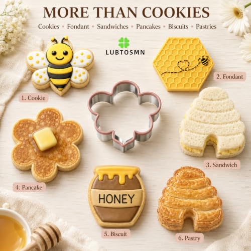 LUBTOSMN 7 Piece Bee Theme Cookie Cutters Set, Silicone Rim Baking Set