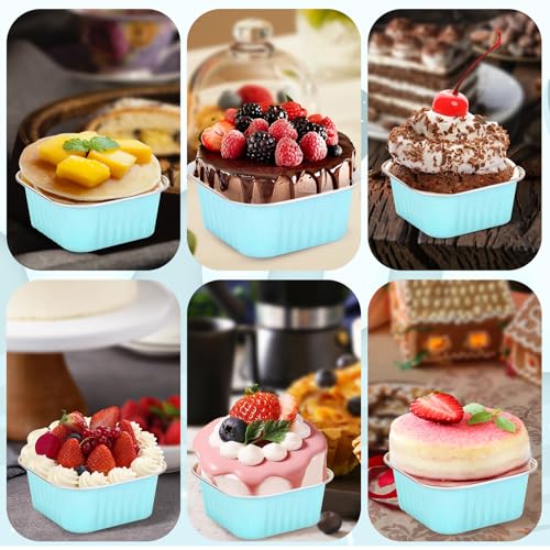 100Pack 5oz Blue Mini Cake Pans with Lids Baking Cups Aluminum Foil Pans Tins, Individual Dessert Cups Containers for Sales,Party,Picnics - color: Blue
