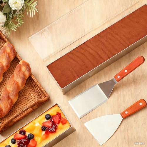 Blushtier 4 Pcs Nonstick Rectangle Tiramisu Cake Pan with Acrylic Lid and 2 Metal Spatula Removable Frame 304 Stainless Steel Cake Baking Molds for Tiramisu Cheesecake Mousse (15.75x3.94x2.56 Inch) - size: 15.75 x 3.94 x 2.56 Inch