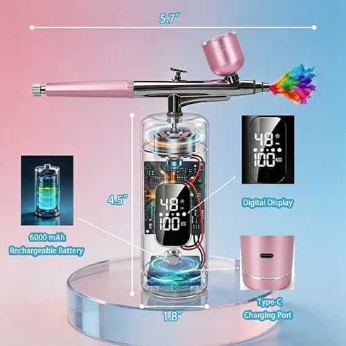 Cordless Airbrush Kit with Compressor,48 PSI High-Pressure, 6000mAh Rechargeable, 3-Speed Adjustable - 0.2/0.5 mm Nozzles & 3 Cups,Non-Clogging for Cake,Models, Makeup,Painting,Nails Art (Pink)