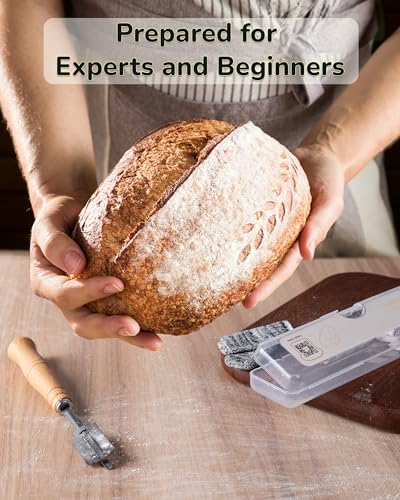 Bread Lame Dough Scoring Tool with Storage box, Pre Installed Blade Open Ready to Use, Included 10 Blades, Pattern Marking String, Cut Proof Finger Cots,Wood Handle with Magnetic, for Sourdough Baking