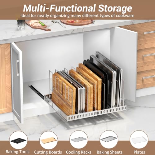 Housolution Pull Out Baking Tray and Cookie Sheet Cutting Board Organizer - color: Silver, 8 Dividers