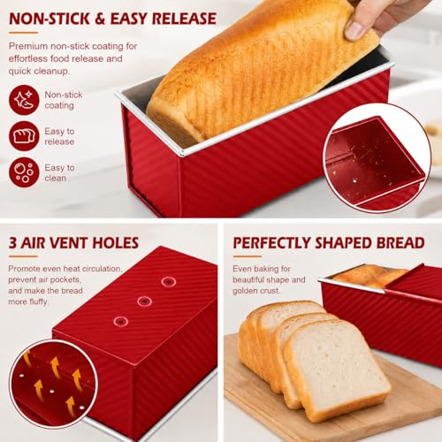 Bread Loaf Pan with Lid-2Pack, 2.2LB & 1LB - color: Red with White Interior, size: 2.2LB & 1LB