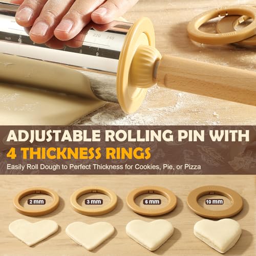 LUSHYUM 304 Stainless Steel Adjustable Rolling Pin with Thickness Rings
