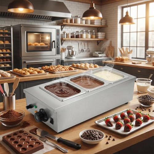 3 Tanks Chocolate Melting Pot, 1200W Commercial Chocolate Tempering Machine with Lid, Digital Temperature Control 86°f-185°f, 1.8QT x 3 Stainless Steel Tanks Food Warmer for Candy Cheese Sauce Making