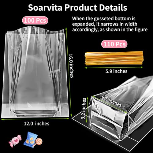 Large Clear Gift Bags 12x16 Inch, 100 Pack Plastic Gusseted Cellophane Bags - color: 12x16 Inch-100 Pcs