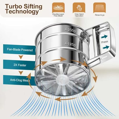 Upgraded Flour Sifter for Baking, One-Hand Press 3-in-1 Sifter with Double