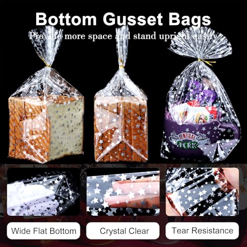 50pcs 9x12 inch Bottom Gusset Silver Star Printed Clear Cellophane Gift Wrap Bags with 5" Twist Ties - color: Silver Star, size: 9X12inch(50 Pcs)