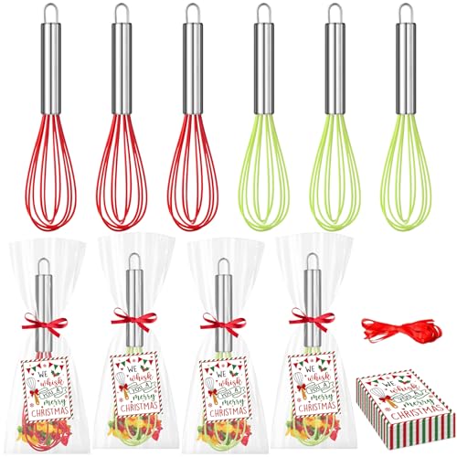 6 Sets 8 Inch Christmas Whisk Bulk Baking Supplies, Xmas Silicone Whisks Baking Gift Set with Greeting Cards Ribbon Bags, We Whisk You A Merry Christmas Neighbor Gifts for Employee Cooking Ornaments
