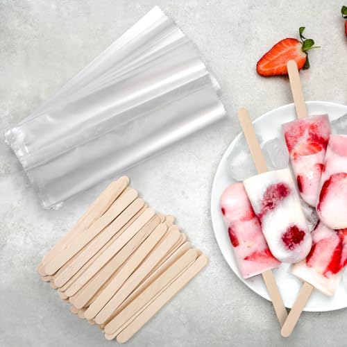 Okllen 600 Pieces Popsicle Bags and Sticks Set, 300 PCS Disposable Plastic Popsicle Wrappers Clear Ice Cream Bags, 300 PCS Wooden Popsicles Sticks for DIY Making Cakesicle Candy Summer Party Supplies
