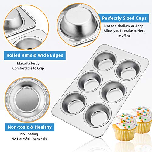 E-far Stainless Steel Muffin Pan Set of 2, 6-Cup Cupcake Tin for Baking