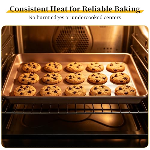 3-Piece Nonstick Baking Sheet Set, Cookie Sheet Pans in 3 Sizes, 0.8mm Thick Heavy Duty Carbon Steel Baking Trays, Easy to Clean for Cookies, Roasting & Baking, Champagne Gold - color: Gold