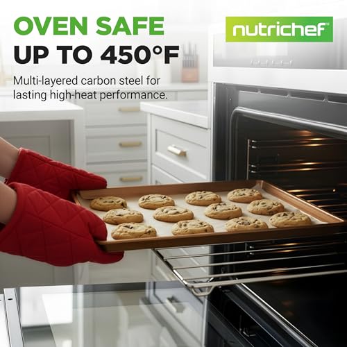 NutriChef 2-Piece Nonstick XL Cookie Sheets for Baking - 22" x 16" Stackable Extra Large Baking Sheet - Carbon Steel Baking Pans, PFOA, PFOS, PTFE Free- NCLGBP28 - color: Gold, size: 2-Pack
