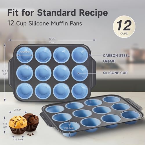 Boyun Silicone Muffin Pan for Baking,No-Spill Easy-Transfer Design,Reinforced Steel Frame, Non-Stick & Dishwasher Safe,12-Cup Regular Size Muffin & Cupcake Pan Bakeware for Oven (Blue 2pcs) - size: 2pcs