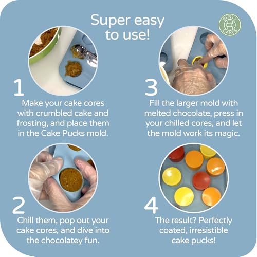 Benty Cakes - The Original Mini Cake Puck Mold Set – Better than a Cake Pop! Make Chocolate Covered Desserts – BPA Free Silicone – Includes 1 Mold Set, 1 Plastic Tray, and 1 Scraper