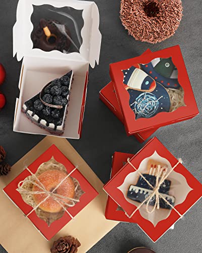 qiqee Red Bakery Boxes with Window 55pcs 4x4x2.5 Mini Cookie Boxes Macaron Boxes Small Donut Pastry Boxes for Party - color: Red, size: 4*4*2.5inch/55Packs