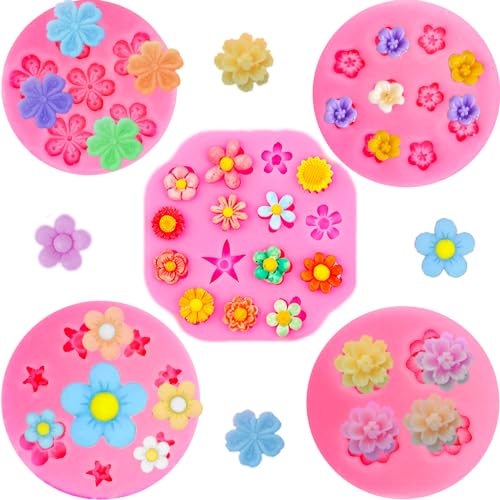 5Pcs Flower Silicone Candy Mold, Mini Daisy Flower Fondant Chocolate Silicone Molds for Cake Decorating Small Polymer Clay Molds Resin Mold for Baking Soap Ice Cube Wax Melt - color: Mini Flower mold
